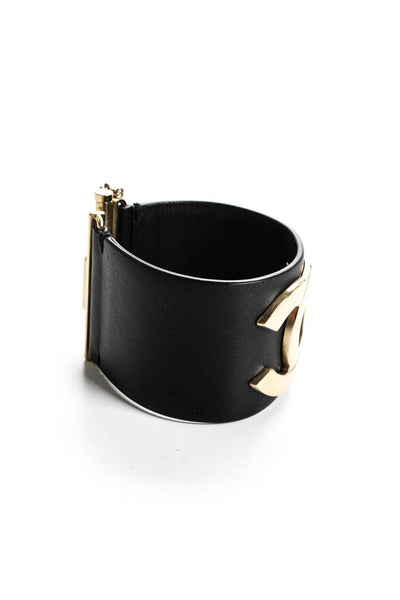 Chanel Womens Gold Tone CC Leather Cuff Bracelet Black
