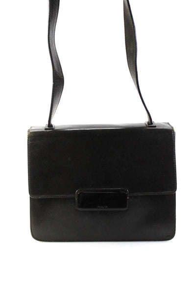 Prada Womens Leather Silver Tone Push Lock Flap Shoulder Handbag Black