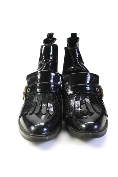 Marc Fisher Womens Slip On Buckle Strap Fringe Booties Black Patent Leather 7.5M