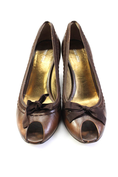 Miu Miu Womens Brown Bow Front Peep Toe Leather Block Heels Shoes Size 9.5