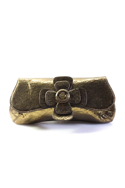 Anya Hindmarch Womens Crackled Metallic Leather Flower Clutch Handbag Gold