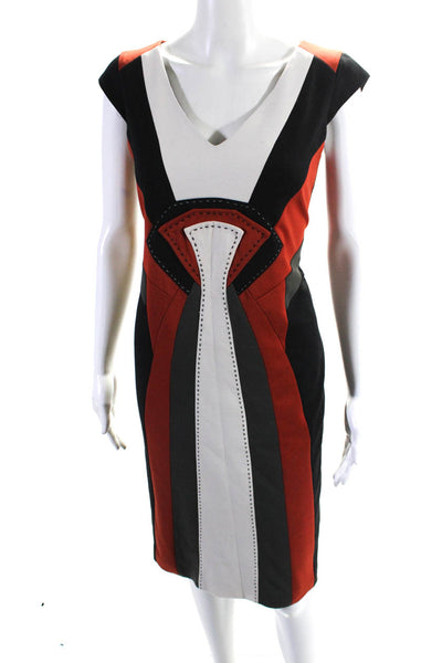 Karen Millen Womens Knit Color Block V-Neck Cap Sleeve Sheath Dress Red Size 10