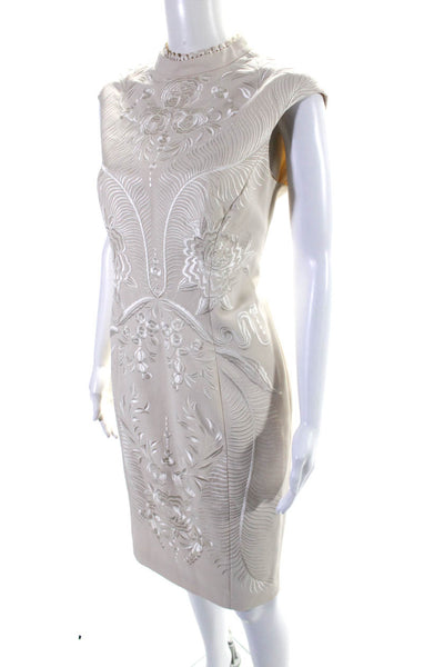 Karen Millen Womens Sleeveless Mock Neck Floral Embroidered Dress Beige Size 8
