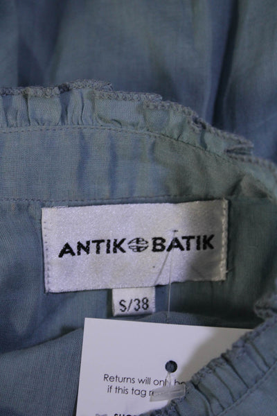 Antik Batik Womens Frill Neck Long Sleeve Button Up Top Blouse Blue Size Small
