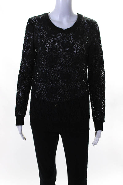 Theory Womens Cotton Floral Lace Long Sleeve Round Neck Blouse Black Size S