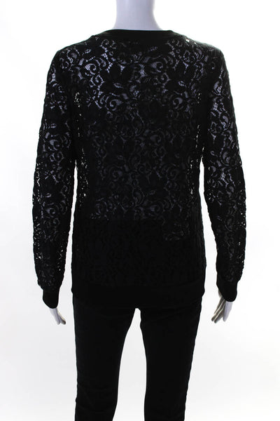 Theory Womens Cotton Floral Lace Long Sleeve Round Neck Blouse Black Size S
