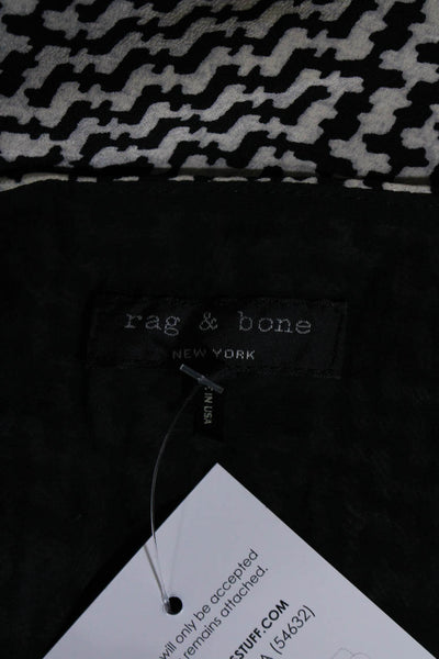 Rag & Bone Womens Silk Leather Trim V Neck Houndstooth Print Blouse Black Size M