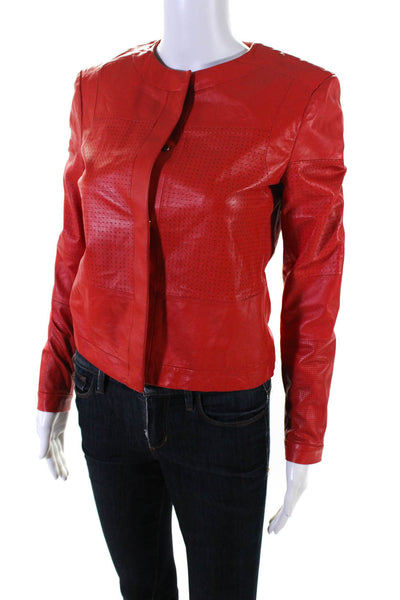 Rachel Roy Womens Bright Red Leather Crew Neck Zip Motorcycle Jacket Size XS