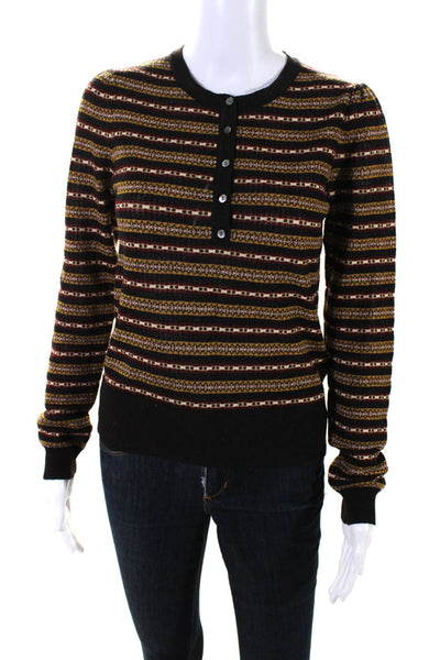 Ulla Johnson Womens Brown Printed Wool Henley Neck Pullover Sweater Top Size S