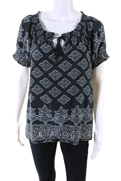 Joie Womens Dark Gray Silk Printed Tie Front Short Sleeve Blouse Top Size S