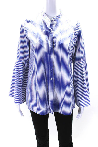 Alex Vinash Womens Cotton Striped Bell Sleeve Button Up Blouse Top Blue Size L