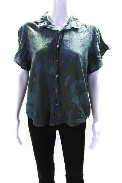 Chan Luu Womens Button Up Short Sleeve Collared Tie Dyed Shirt Blue Green Small