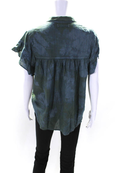 Chan Luu Womens Button Up Short Sleeve Collared Tie Dyed Shirt Blue Green Small