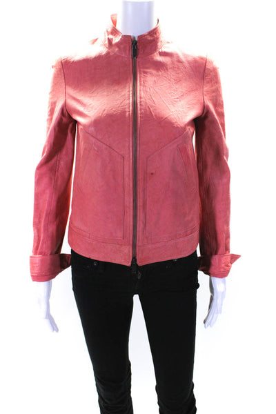 DKNY Womens Coral Leather Full Zip Long Sleeve Motorcycle Jacket Size S