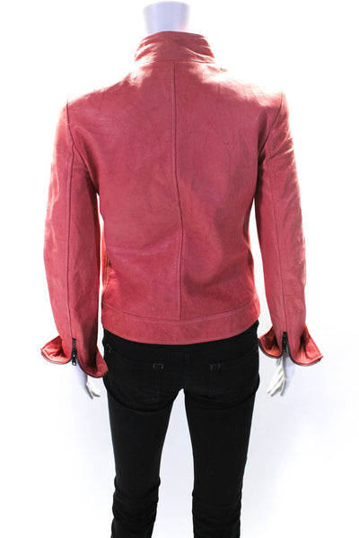 DKNY Womens Coral Leather Full Zip Long Sleeve Motorcycle Jacket Size S