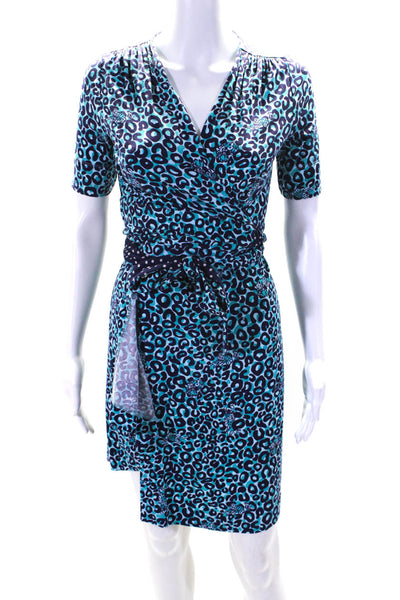 Lilly Pulitzer Womens Blue Leopard Print V-Neck Short Sleeve Wrap Dress Size XS