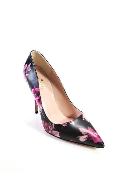Kate Spade Womens Leather Floral Print Pointed Slip On Pumps Black Pink Size 7