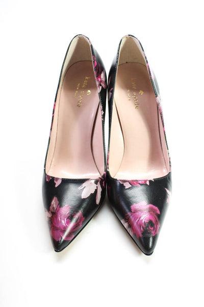 Kate Spade Womens Leather Floral Print Pointed Slip On Pumps Black Pink Size 7