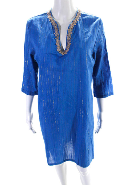 Lilly Pulitzer Women's V-Neck Short Sleeves A-Line Slit Hem Dress Blue Size M