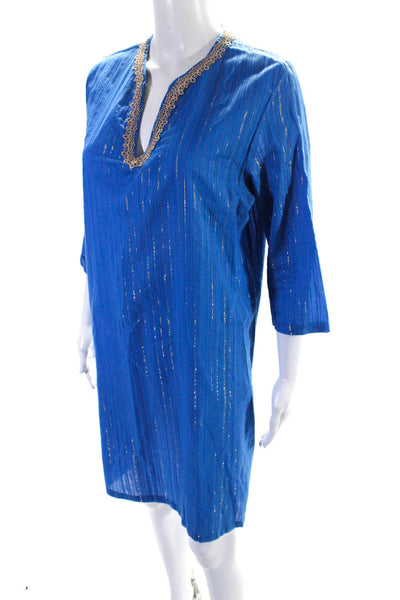 Lilly Pulitzer Women's V-Neck Short Sleeves A-Line Slit Hem Dress Blue Size M