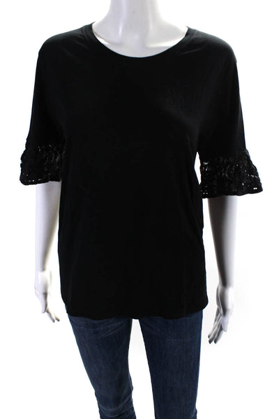 Burberry Womens Cotton Lace Trim Short Sleeve Pullover T-Shirt Top Black Size M
