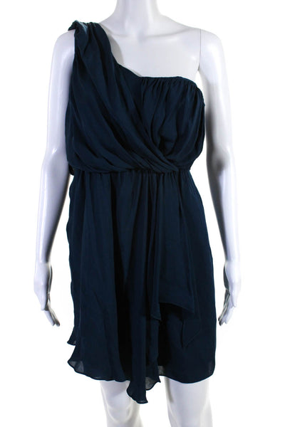Tibi Women's Asymmetric One Shoulder Wrap Silk Mini Dress Teal Size 6