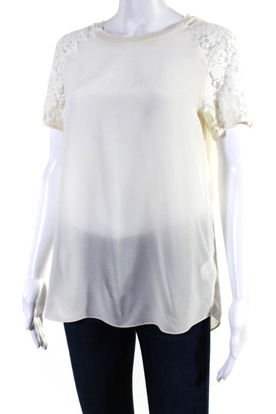 Rebecca Taylor Womens Round Neck Short Sleeves Lace Trim Silk Blouse Cream Size