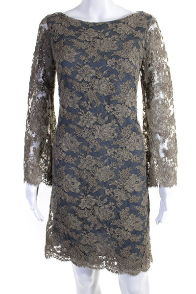 Shannon Mclean Womens Lace Long Sleeves Knee Length Dress Brown Blue Size Small