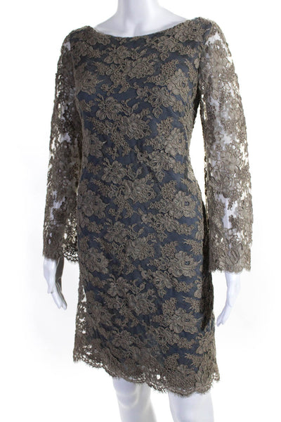 Shannon Mclean Womens Lace Long Sleeves Knee Length Dress Brown Blue Size Small