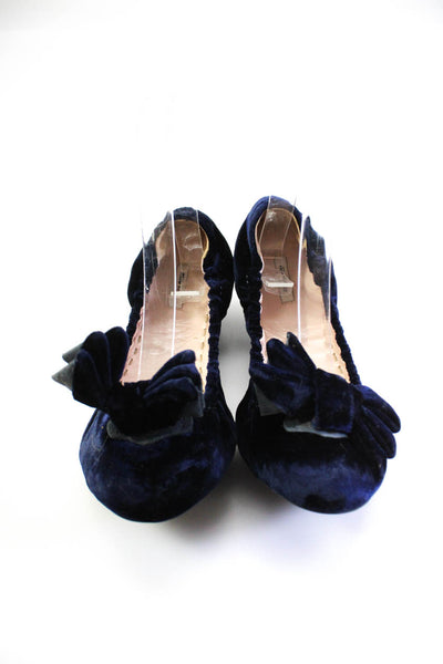 Miu Miu Womens Bow Applique Velvet Ballet Flats Navy Blue Size 37.5 7.5