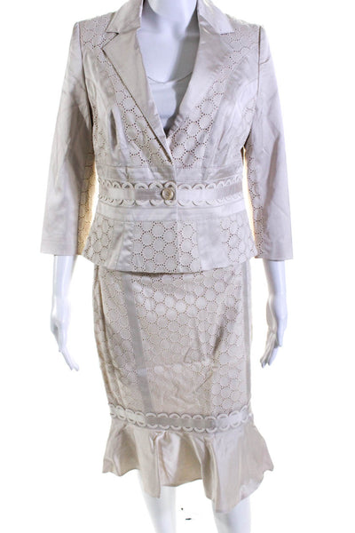 Karen Millen Womens Embroidered Long Sleeve Button Up Skirt Suit Beige Size 8