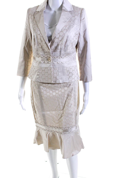 Karen Millen Womens Embroidered Long Sleeve Button Up Skirt Suit Beige Size 8