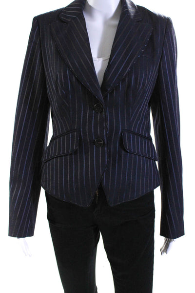 Karen Millen Womens Wool Striped Peak Collar Button Up Blazer Navy Size 8