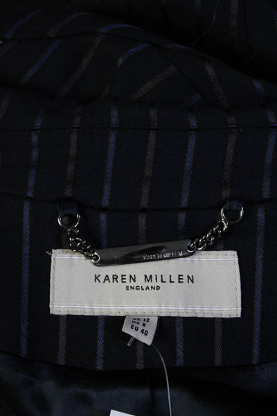 Karen Millen Womens Wool Striped Peak Collar Button Up Blazer Navy Size 8