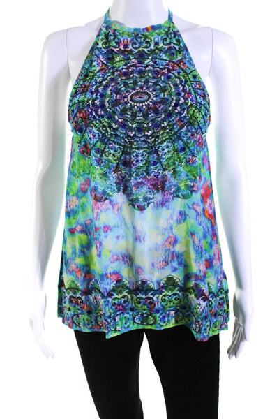 Rococo Sand Womens Silk Abstract Printed Beaded Tank Top Blouse Green Size XS