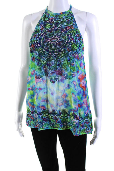 Rococo Sand Womens Silk Abstract Printed Beaded Tank Top Blouse Green Size XS