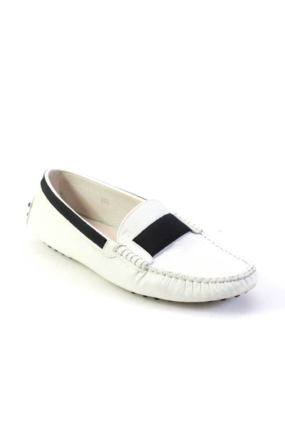 Tods Womens Slip On Round Toe Loafers White Black Patent Leather Size 38.5