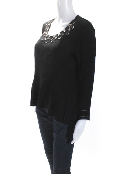 Rebecca Taylor Womens Long Sleeve Embellished Scoop Neck Blouse Black Size 6
