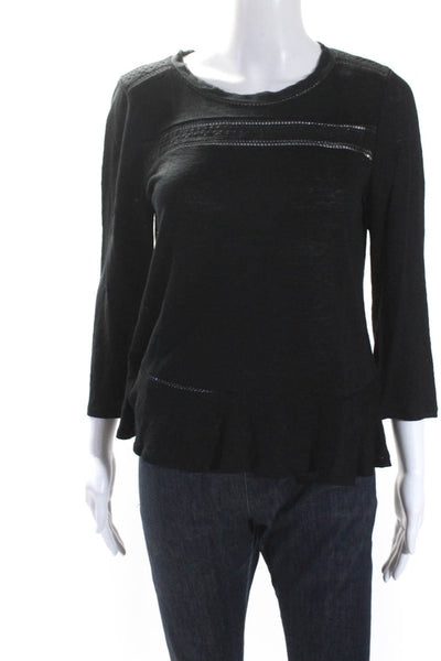 Rebecca Taylor Womens Knit Long Sleeve Blouse Linen Black Size Medium