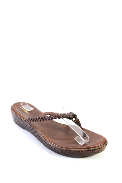 Cole Haan Womens Leather T-Strap Woven Textured Slip-On Flip Flops Brown Size 10