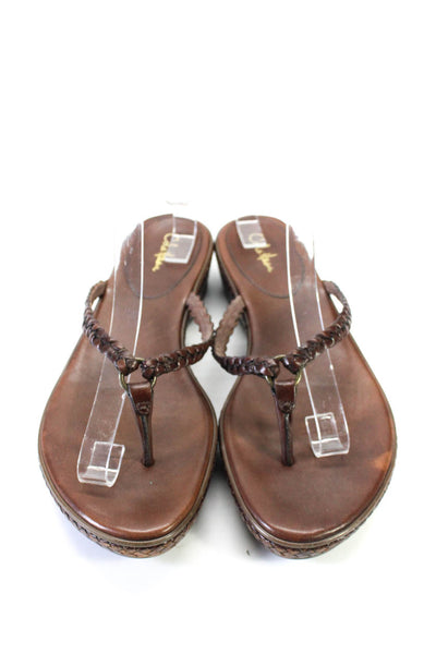 Cole Haan Womens Leather T-Strap Woven Textured Slip-On Flip Flops Brown Size 10