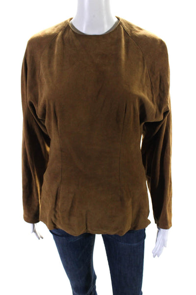 Vakko Womens Vintage Long Sleeve Crew Neck Suede Top Blouse Brown Size Small