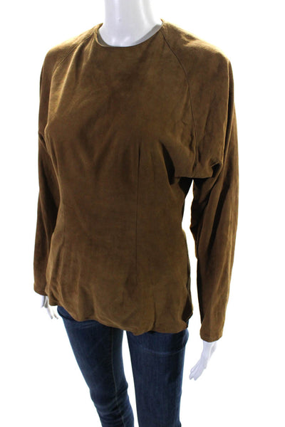 Vakko Womens Vintage Long Sleeve Crew Neck Suede Top Blouse Brown Size Small