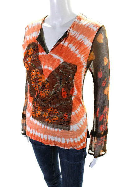 Indochine Y Neck Tie Dye Embellished Long Sleeve Top Blouse Orange Size Small