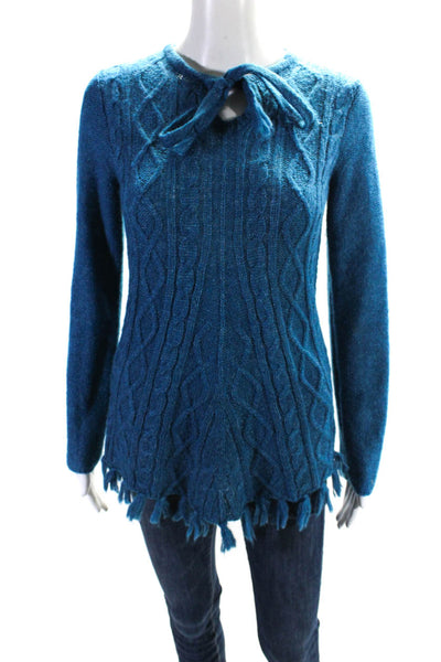 prAna Womens Tie Crew Neck Cable Knit Fringe Tunic Sweater Blue Size Extra Small