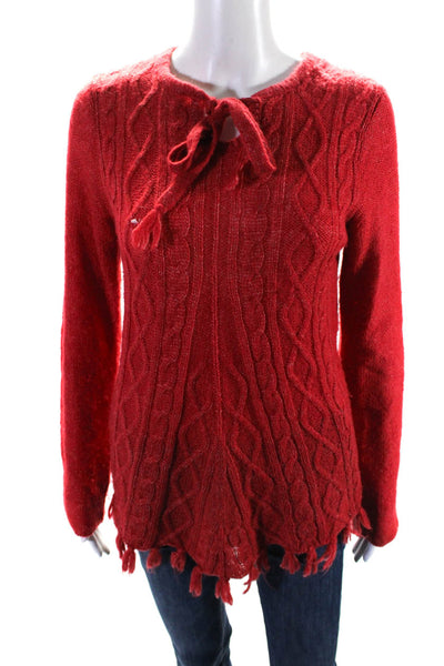 prAna Womens Tie Crew Neck Cable Knit Fringe Tunic Sweater Red Size Small
