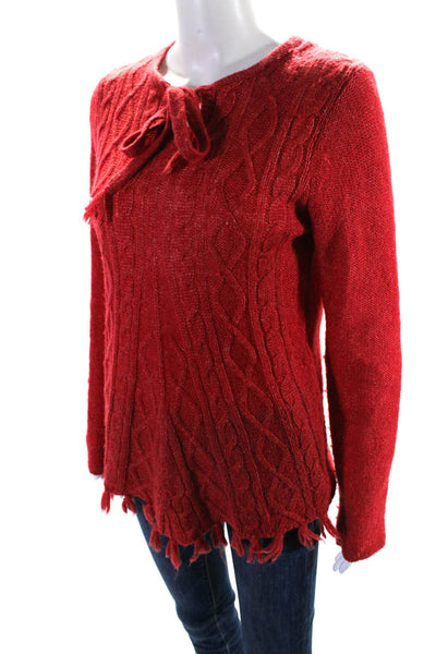 prAna Womens Tie Crew Neck Cable Knit Fringe Tunic Sweater Red Size Small