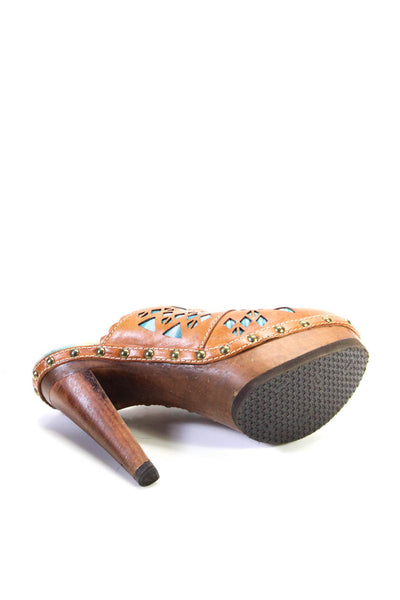 Missoni Womens Laser Cut Leather Knit Wooden Heel Clogs Mules Brown Blue 36 6