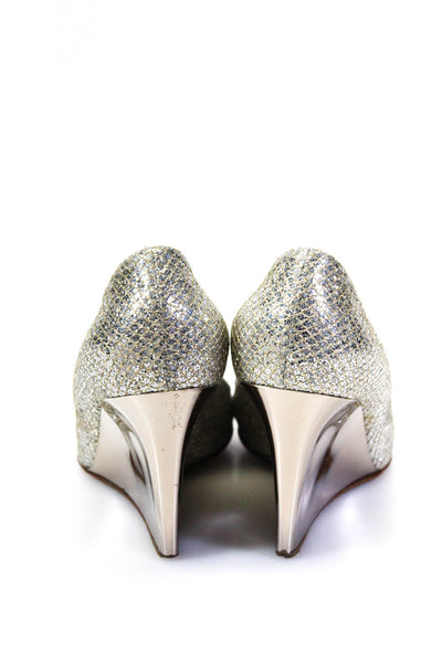 Jimmy Choo Womens Sparkly Peep Toe Mirrored Wedge Heels Silver Size 9.5