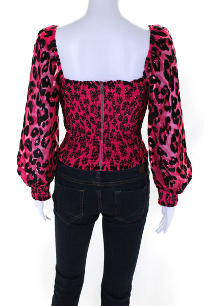 Alice + Olivia Womens Square Neck Leopard Print Smocked Blouse Pink Size S